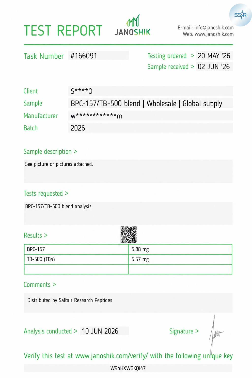 BPC-157 + TB-500 (aka Wolverine) 10mg Certificate of Analysis