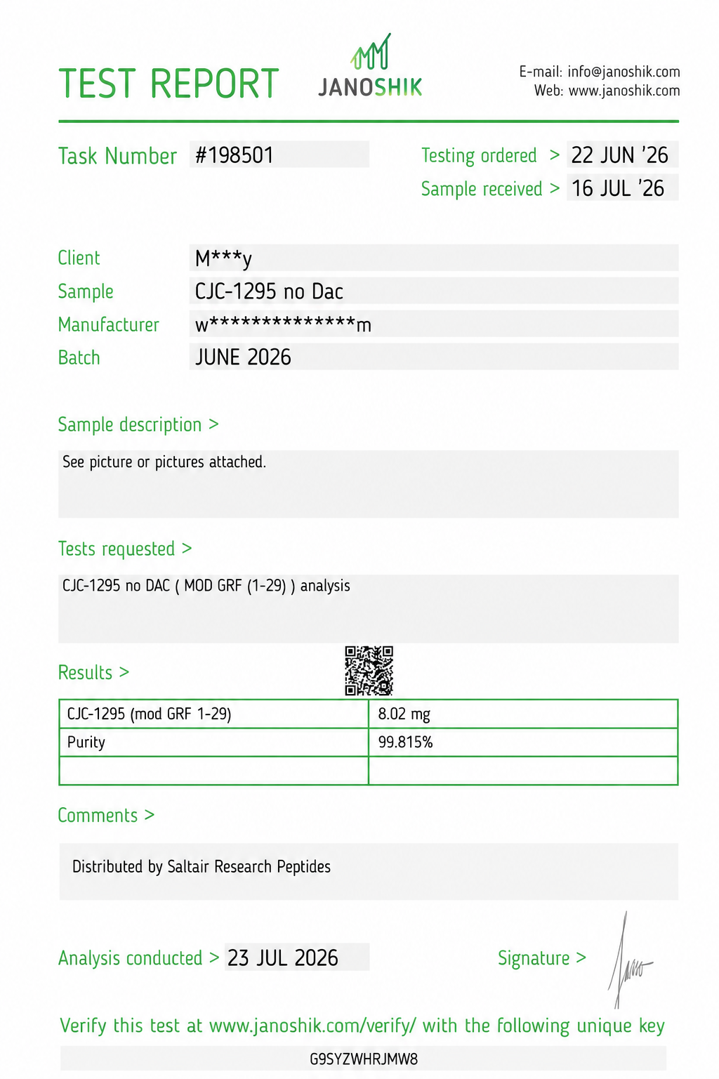 CJC-1295 5mg (no DAC) Certificate of Analysis