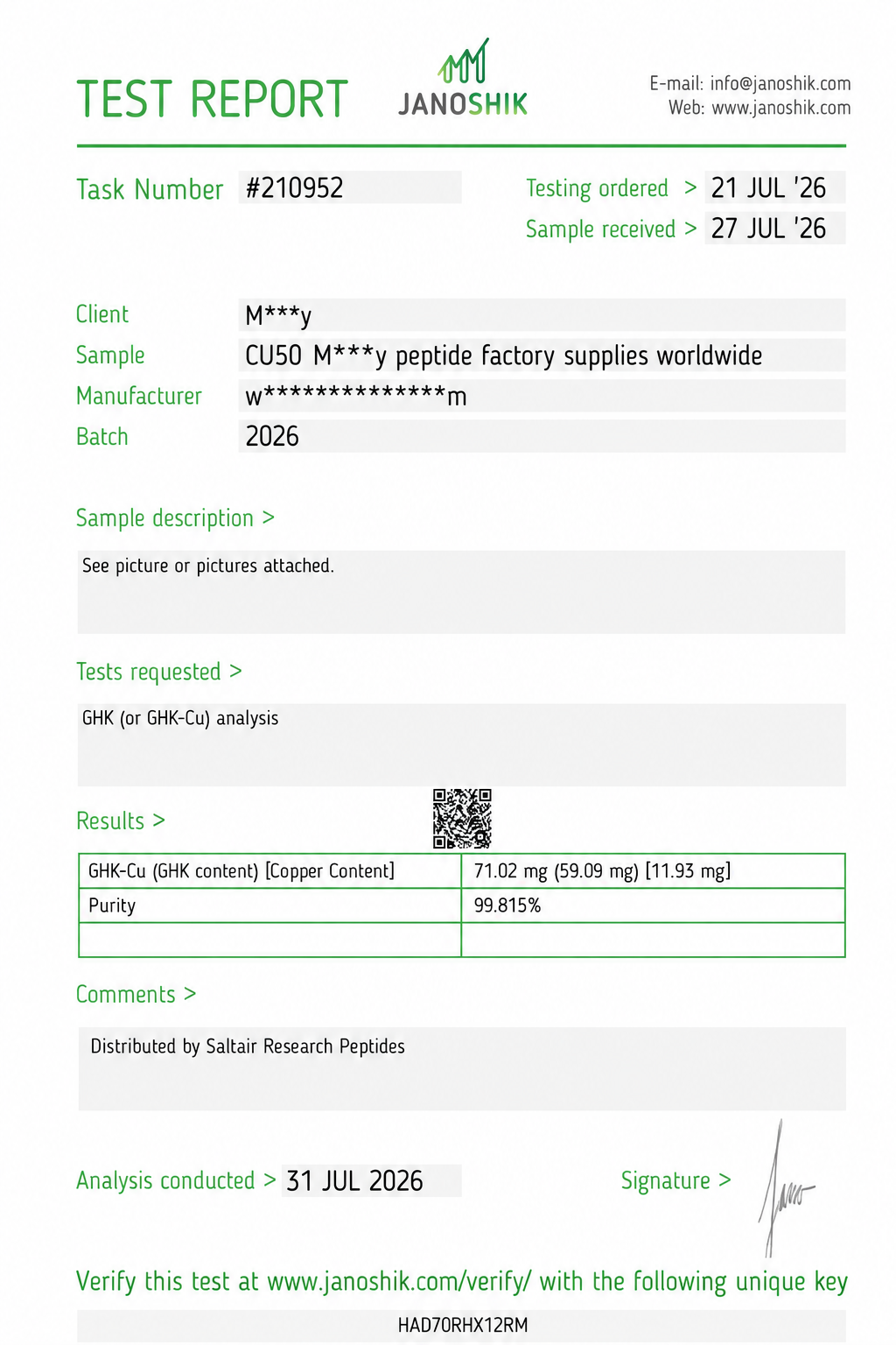 GHK-CU 100mg Certificate of Analysis