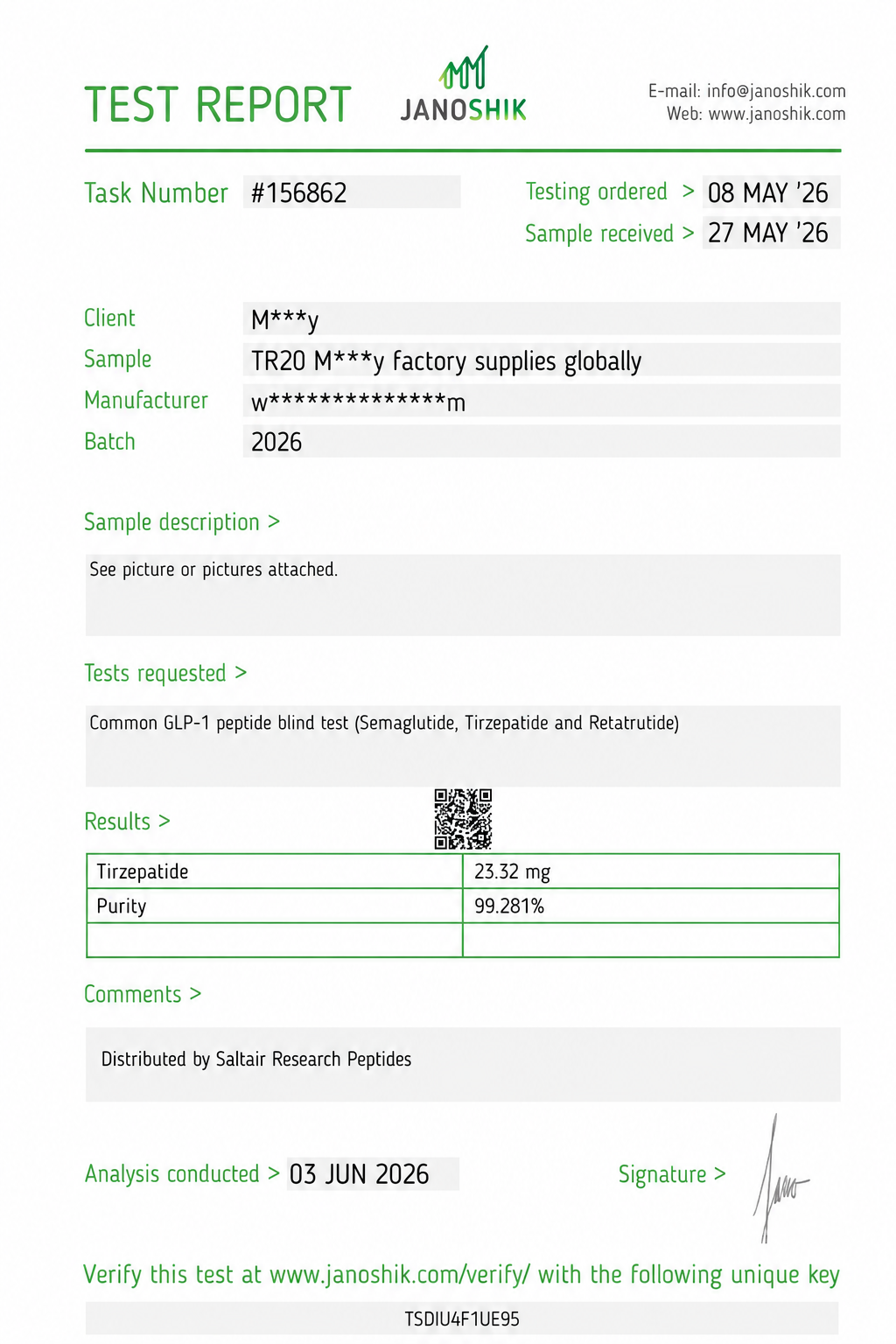 GLP-2-T (Tirzepatide) 20mg Certificate of Analysis