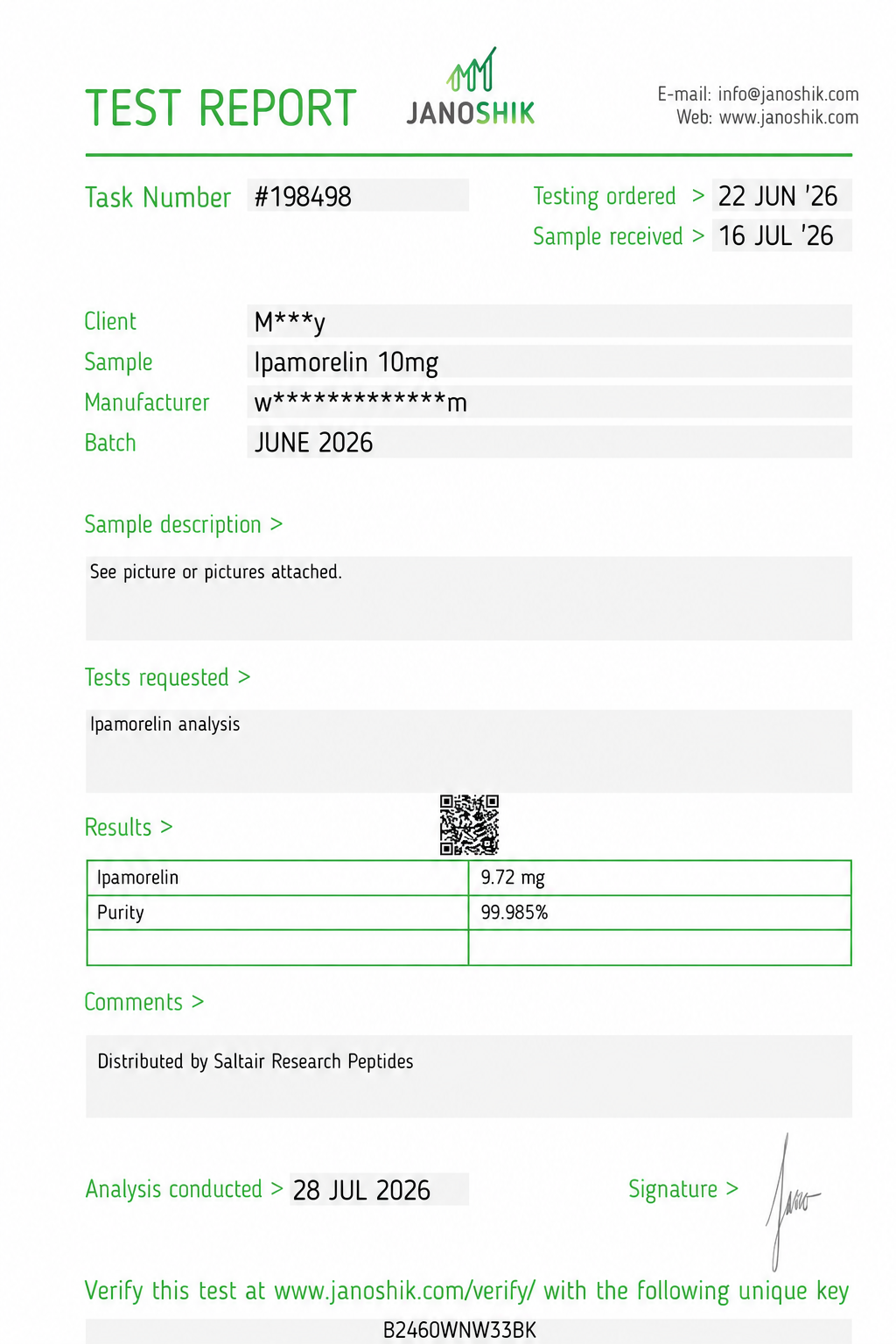 Ipamorelin 10mg Certificate of Analysis