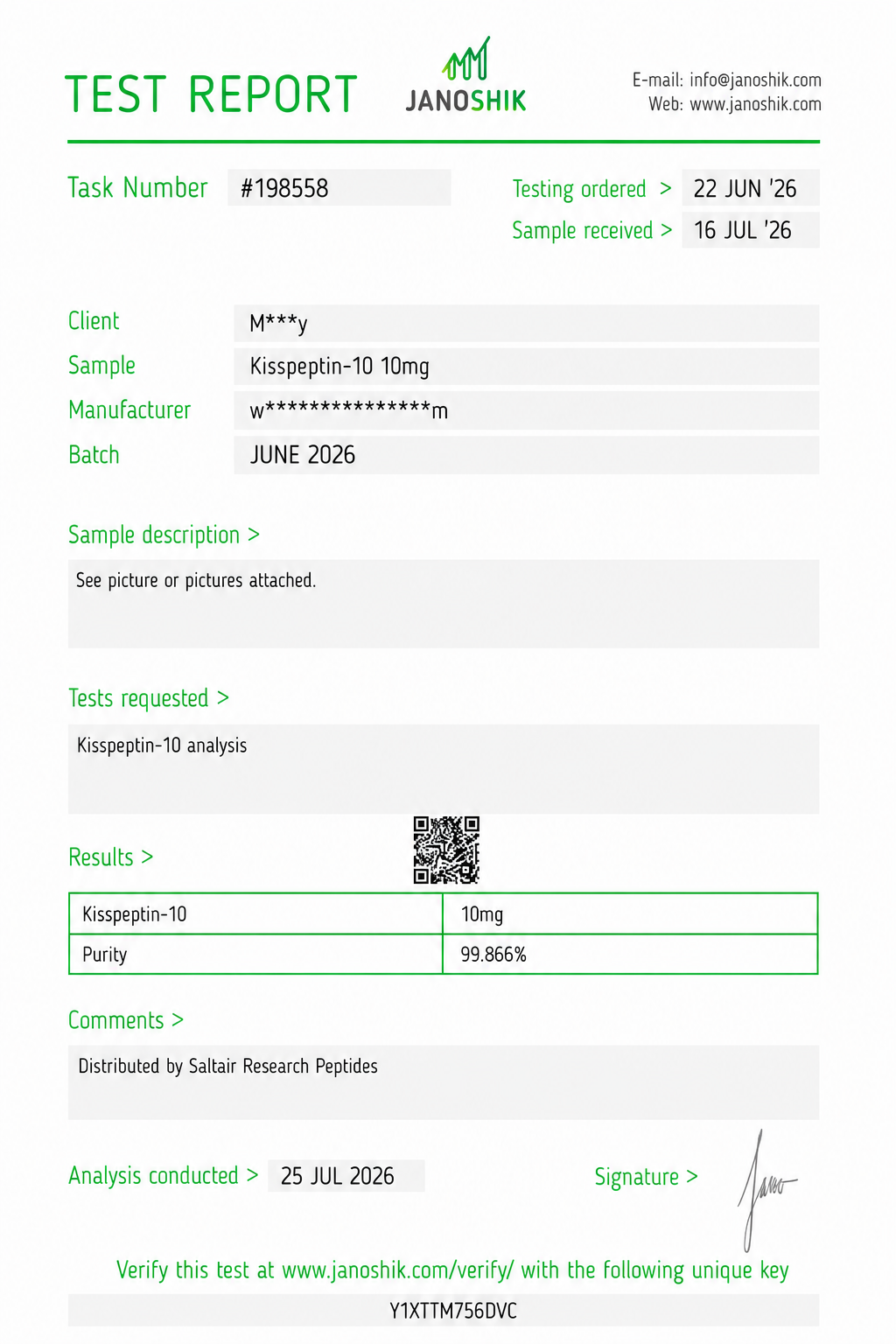 Kisspeptin 10mg Certificate of Analysis