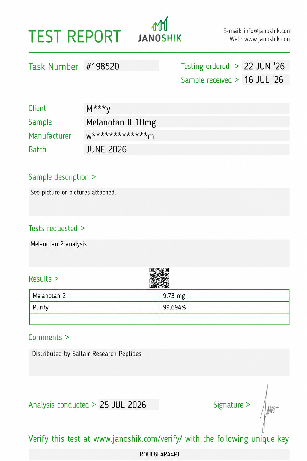 Melanotan II 10mg Certificate of Analysis