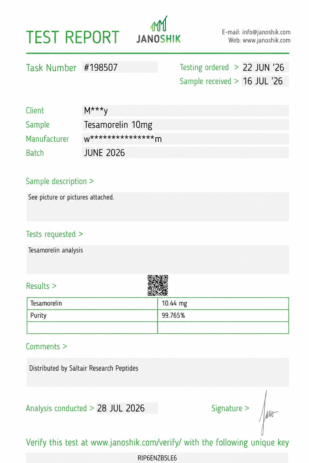 Tesamorelin 10mg Certificate of Analysis